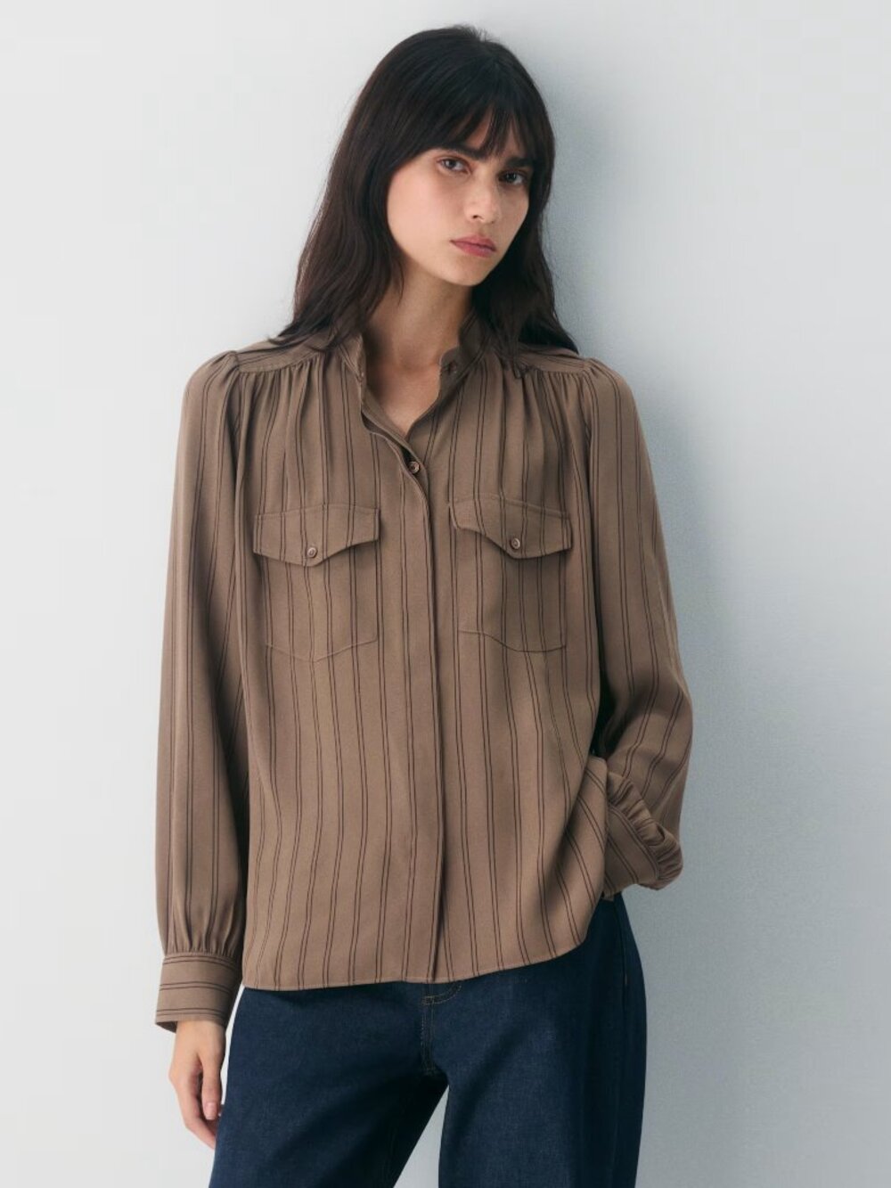 Wilfred "Overture" Crepe Blouse in Taupe/Brown Stripe, size Small